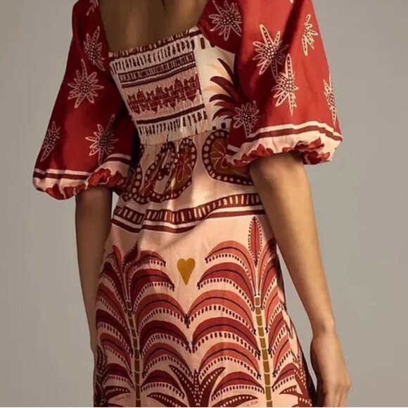 FARM RIO Square Neck Dress Puff Sleeve Linen Dress Size Small - Picture 2 of 8